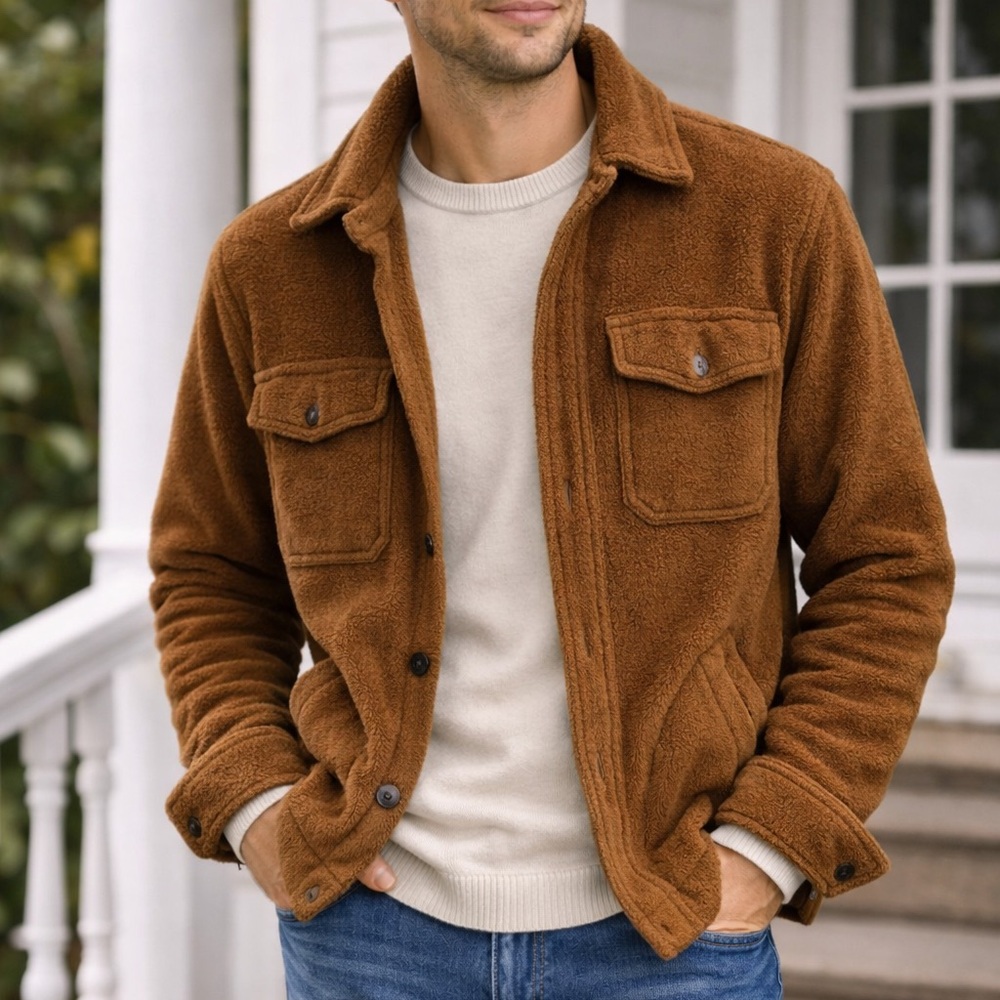 J.Crew MENS Polar Fleece Button Front Overshirt Brown Size Small